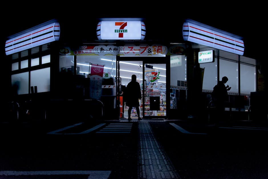 Luminous convenience store at night, showcasing 24-hour reliability