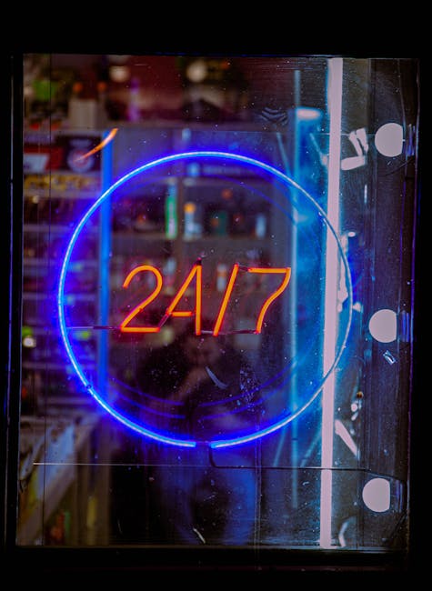 Neon 24/7 sign representing constant availability
